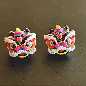 Colorful Chinese Lion lucky black stud Dragon Mask Earrings cute small gift new